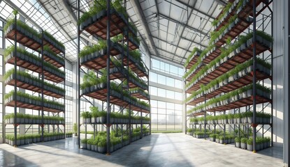 A building resembling a tower block houses a greenhouse with numerous shelves displaying an array...