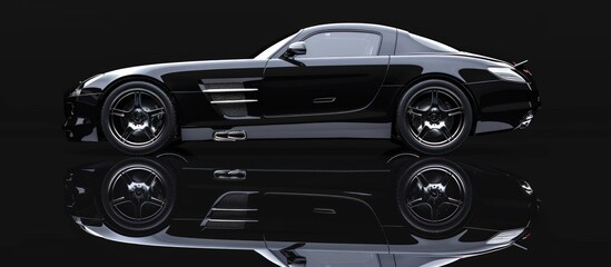 Luxury black sports car with reflection on black background. AI generated image