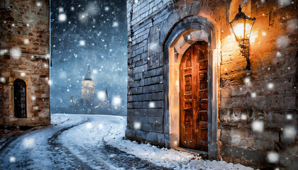 Dreamlike view of empty street night scene at a snowy night during medieval times in Istanbul with...