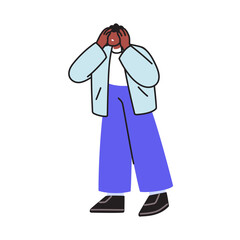 Socked feared confused man grabbing head in panic, stress after failure, problem, mistake. Anxious worried concerned person in disappointment. Flat vector illustration isolated on white background