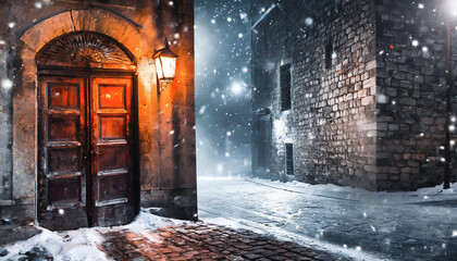 Dreamlike view of empty street night scene at a snowy night during medieval times with stone houses, wooden doors and street lanterns - Powered by Adobe