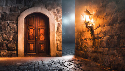 Dreamlike view of empty street night scene at a snowy night during medieval times with stone...