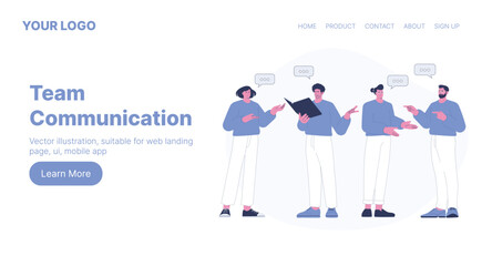 Team Communication. Web Landing Page Design. Flat Cartoon Vector Illustration. Vector illustration, suitable for web landing page, ui, mobile app.