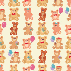 Brown and white teddy bears holding balloons in a seamless pattern