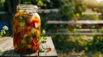 One big jar or pot full of fresh organic and colorful vegetables from agricultural labor, placed on a wooden table outdoors, in nature. Pickled healthy vegetarian food, homemade products.
