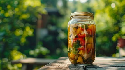 One big jar or pot full of fresh organic and colorful vegetables from agricultural labor, placed on a wooden table outdoors, in nature. Pickled healthy vegetarian food, homemade products. - obrazy, fototapety, plakaty