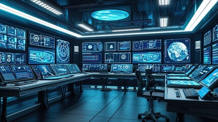 Surveillance room with many monitors icon. Modern, control room, screens, interfaces, overseeing, controlling, systems, precision, technology. Generated by AI - obrazy, fototapety, plakaty
