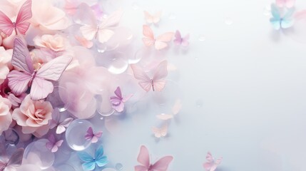 Wedding background with flowers, butterflies, small hearts and copy space