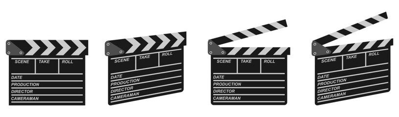 Obraz premium clapper board or clapperboard vector set. close and open clapper board with different view. vector illustration isolated white background.