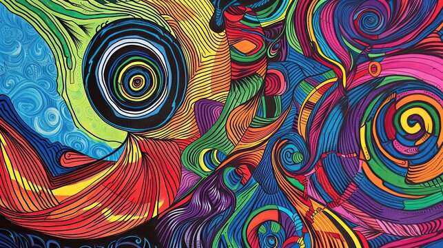 Abstract doodle spiral patterns. Dynamic, energetic, whimsical, playful, psychedelic, mesmerizing, artistic, digital, modern, fantasy, motion, fluid, kaleidoscop. Generated by AI