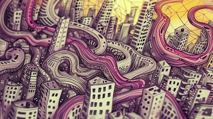 Abstract doodle cityscape icon. Playful, colorful, imaginative, urban, architecture, fantasy, creative, sketch, vibrant.. Generated by AI
