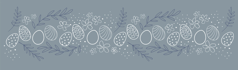 Hand drawn Easter eggs with leaves and flowers lined up, fun hanging easter decoration, great for banners, wallpapers, cards 