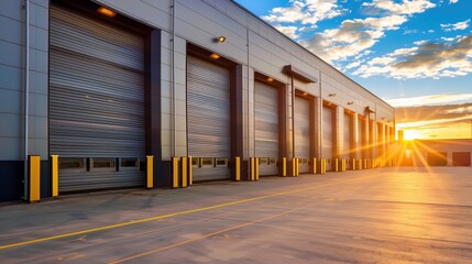 Obraz premium Warehouse gates for loading and unloading cargo in a distributed center. Loading and unloading areas for trucks. The warehouse building is outside.