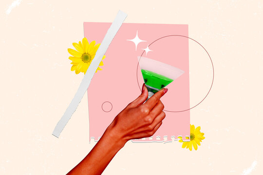 Creative abstract collage of hand hold glass booze cocktail green chrysanthemum flowers clink toast isolated on painted background
