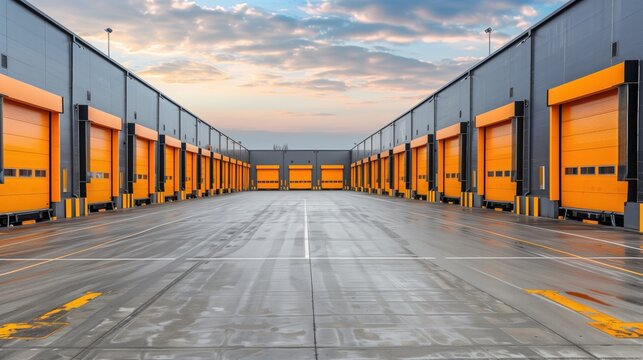 Warehouse gates for loading and unloading cargo in a distributed center. Loading and unloading areas for trucks. The warehouse building is outside.