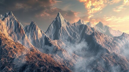 Abstract mountain view icon. Grandeur, mist, foggy, atmospheric, panoramic view, breathtaking, mystical, hiking. Generated by AI - obrazy, fototapety, plakaty