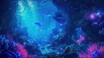 Abstract underwater landscape icon. Mystical, glowing, marine life, oceanic, surreal, deep sea, luminous, aquatic, ethereal, enchanting. Generated by AI - obrazy, fototapety, plakaty