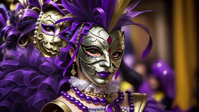 Bright Mardi Gras mask in golden and purple. Perfect for carnival parties, themed events, and unique photo sessions. 