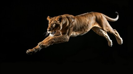 Fototapeta premium Lion jump on a black background. Flying animal.