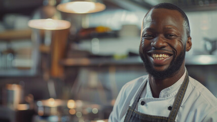 Smiling chef in professional kitchen exudes confidence and culinary expertise.