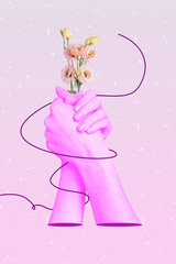 Creative vertical collage art illustration of hands together support agreement pink flowers stereotypes woman power over pastel background
