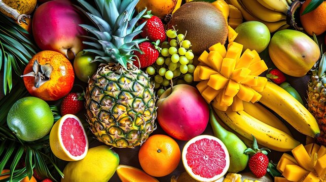 Fruit buffet icon. Sweetness, vitamins, freshness, taste, grapefruit, strawberry, blackberry, mango, raspberry, citrus, kiwi, raspberry. Generated by AI