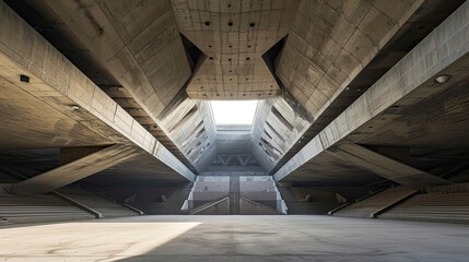 Obraz premium Brutalist sports arena with massive concrete roof. Urban architecture, modernist design, sporting venue, architectural landmark, brutalism, industrial, monumental. Generated by AI.