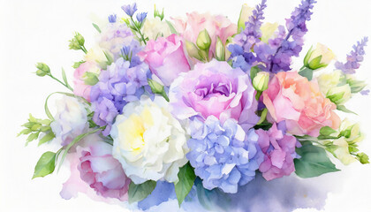 Watercolor bouquet of blue and pink flowers on a white background