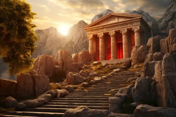 panorama of an ancient Greek rock temple, where twilight casts its enchanting glow upon the Doric column ruins, evoking a sense of timeless majesty. - obrazy, fototapety, plakaty