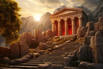 Foto op Canvas panorama of an ancient Greek rock temple, where twilight casts its enchanting glow upon the Doric column ruins, evoking a sense of timeless majesty. © Surachetsh