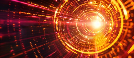 Fototapeta premium Radial abstract laser neon light lines move along a circular geometry background. AI generated image