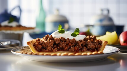 Delicious tourtiere traditional french canadian meat pie on blurred kitchen background