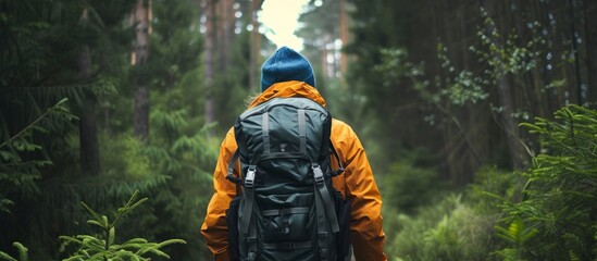 Exploring the peaceful wilderness: a hiker with a backpack wanders through the dense forest - obrazy, fototapety, plakaty
