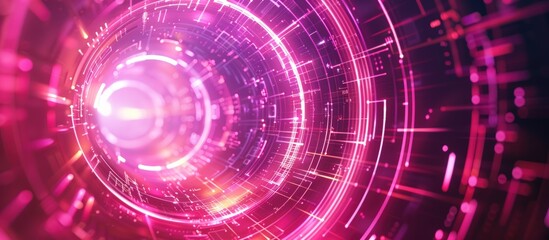 Fototapeta premium Radial abstract laser neon light lines move along a circular geometry background. AI generated image