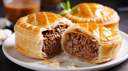 French canadian tourtiere meat pie on blurred kitchen background with copy space