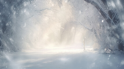 landscape in a winter park, snow falling light background, trees covered with frost in the morning sun and fog, greeting card with a copy  space