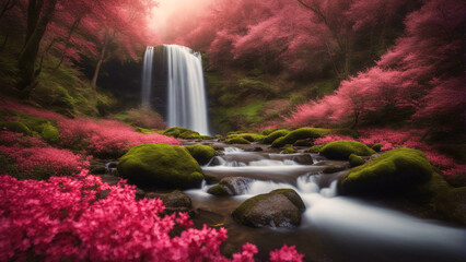 Waterfall in the park surrounded by trees with pink colored flowers.	