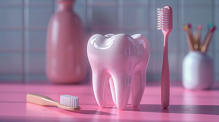 illustration of 3d healthy white tooth and a tooth brush against a blue background,generative ai