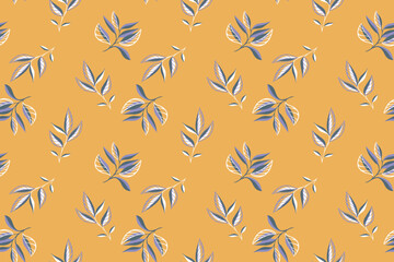 Abstract minimalist branches leaves seamless pattern. Cute creative tiny tropical leafs scattered randomly on a yellow background. Vector hand drawn sketch. Collage for designs, printing, patterned