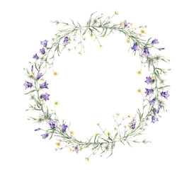 Wreath of yellow buttercup and white little flower and violet bluebell. Watercolor hand painting illustration on isolate. Circlet of meadow flowers. Botanical summer wildflower.