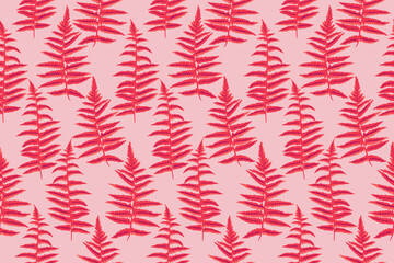 Creative seamless pattern with red shapes leaves branches fern on a pink background. Vector hand drawn sketch. Simple botanical print with artistic abstract leaf stems. Collage for designs, patterned