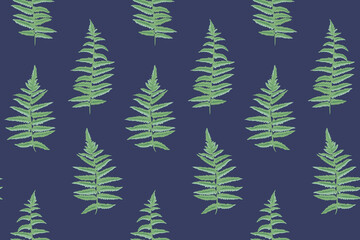 Minimalistic abstract seamless pattern with green shape leaves branches fern on a true blue background. Vector hand drawn sketch. Simple botanical printing with stylized artistic leaf stems. Collage