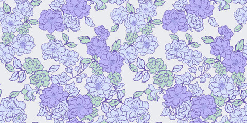 Blossoms abstract artistic spring or summer meadow seamless pattern. Colorful violet stylized floral background. Vector hand drawn lines flowers. Collage for designs, printing, patterned, fabric