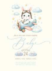 Cute baby shower watercolor invitation card with bunny pilot on an airplane.