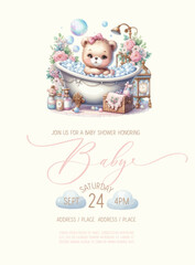 Cute baby shower watercolor invitation card with teddy bear girl takes a bath with foam.