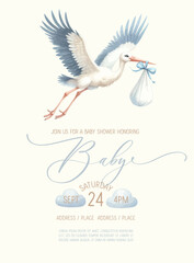 Cute baby shower watercolor invitation card with stork and newborn baby.