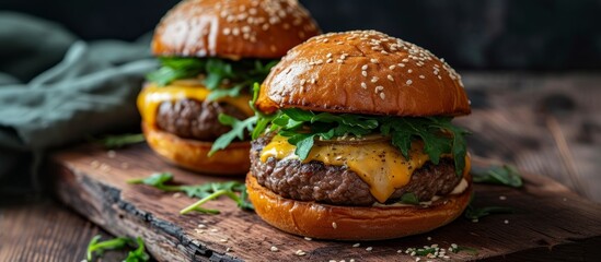 Delicious cheeseburgers with lettuce on rustic wooden board for tasty meal