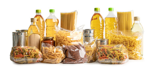 Foodstuff for donation, storage and delivery. Various food, pasta, cooking oil and canned food in...