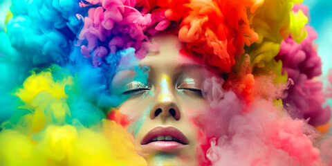 Face surrounded by vibrant, colorful smoke, eyes closed, peaceful expression, with a blurred, dreamlike quality.