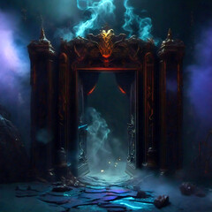 magical view of opened gate portal in a dark room. Glittering, fairytale and smoky Transition...